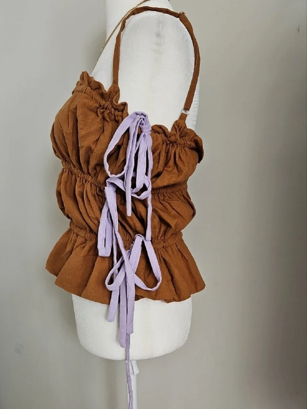 Fenareta Heraia Linen Blend Blouse Brown Ruched Side Tie Top XL EUC